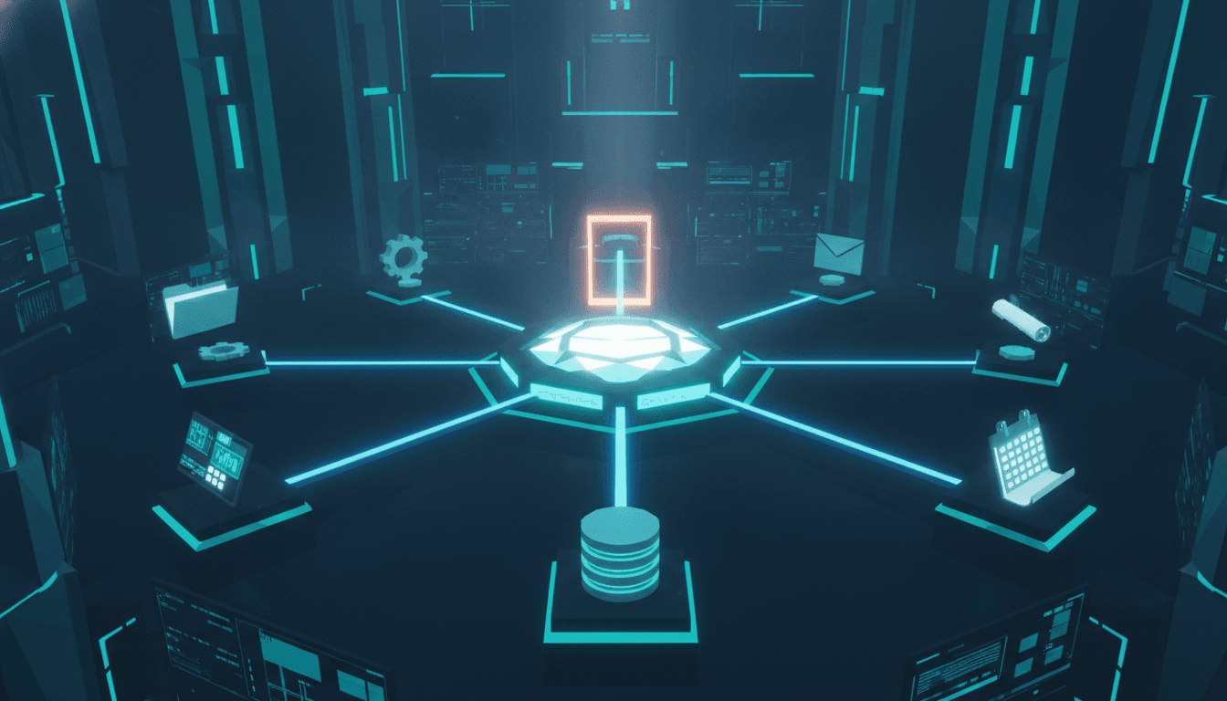 Een centrale hub die via een poortje met verschillende systemen verbonden is, als beeld voor MCP als gecontroleerde koppeling tussen AI en software.