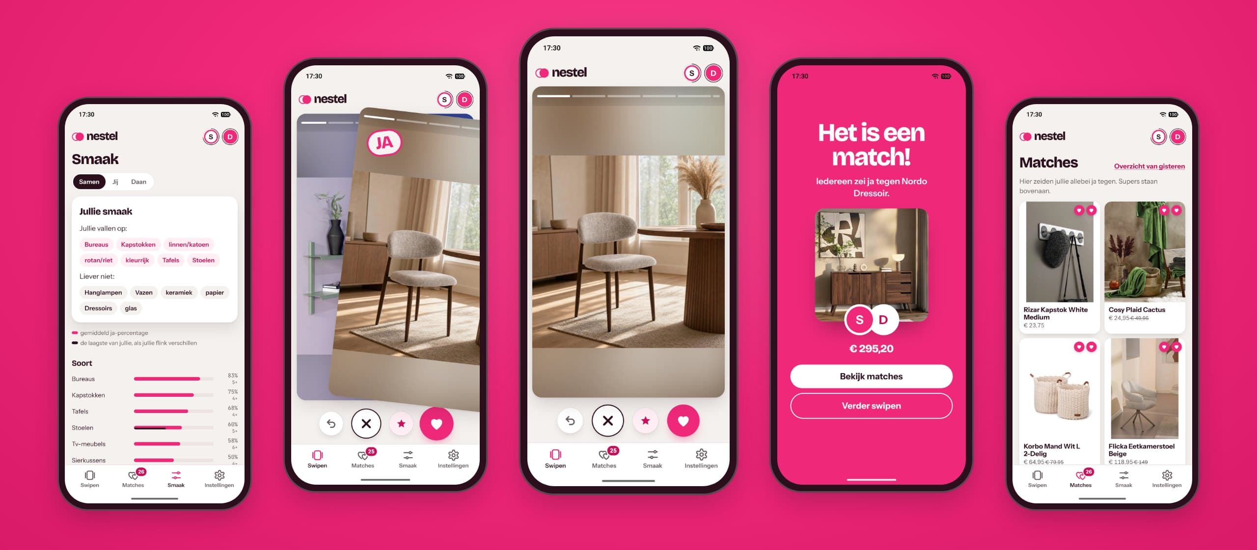 Vijf schermen van de Nestel-app: jullie smaak, een ja-swipe, de dagelijkse reeks, het is een match en jullie matches