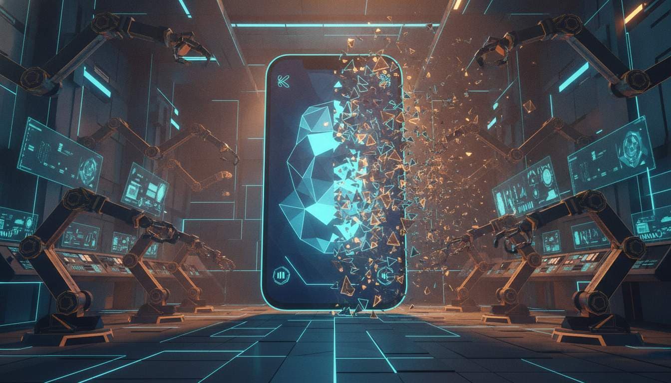 Een smartphone die half af is: links een werkende interface, rechts losse draadmodel-lijnen, als beeld voor een app maken met AI.