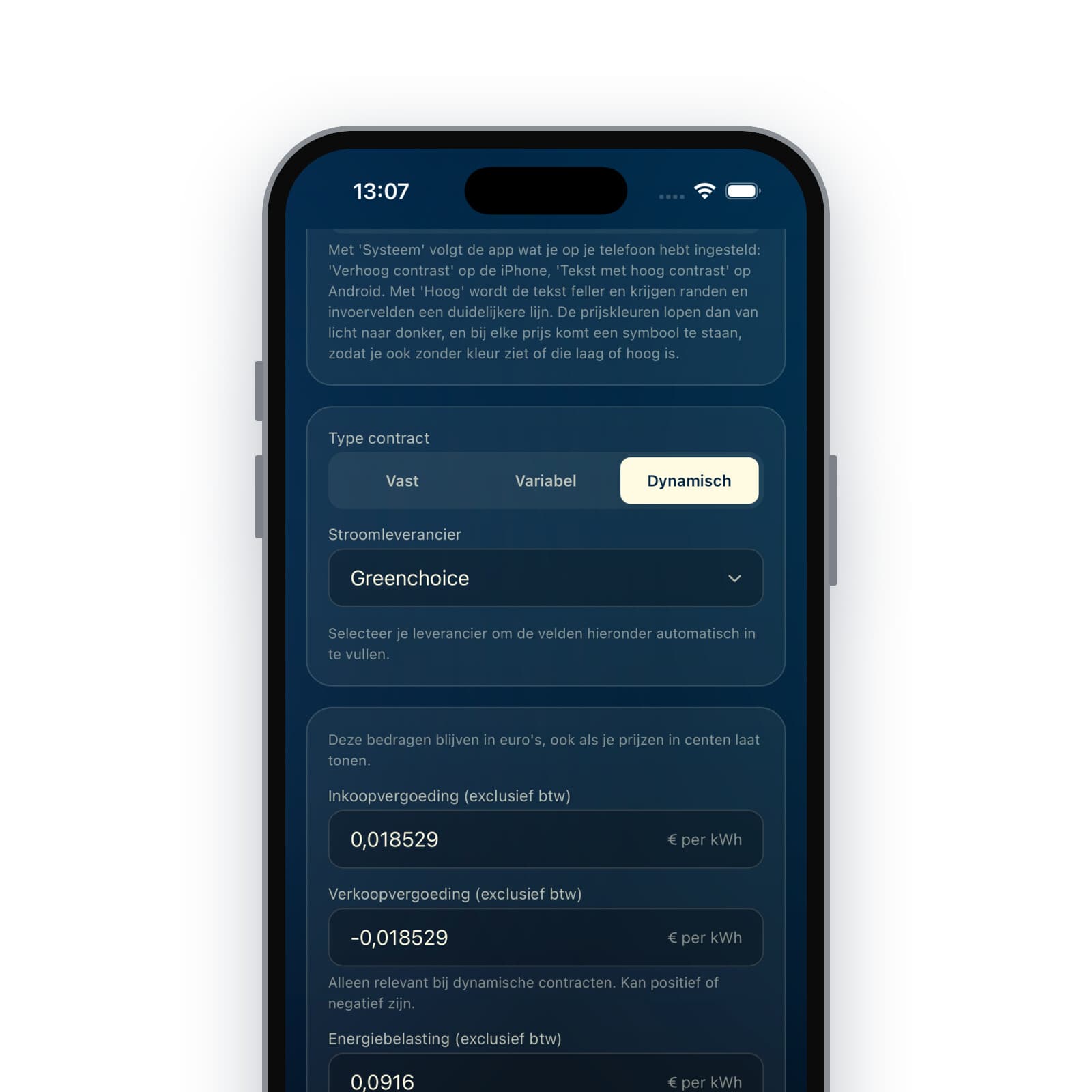 Instellingen: contracttype, leverancier en inkoopvergoeding