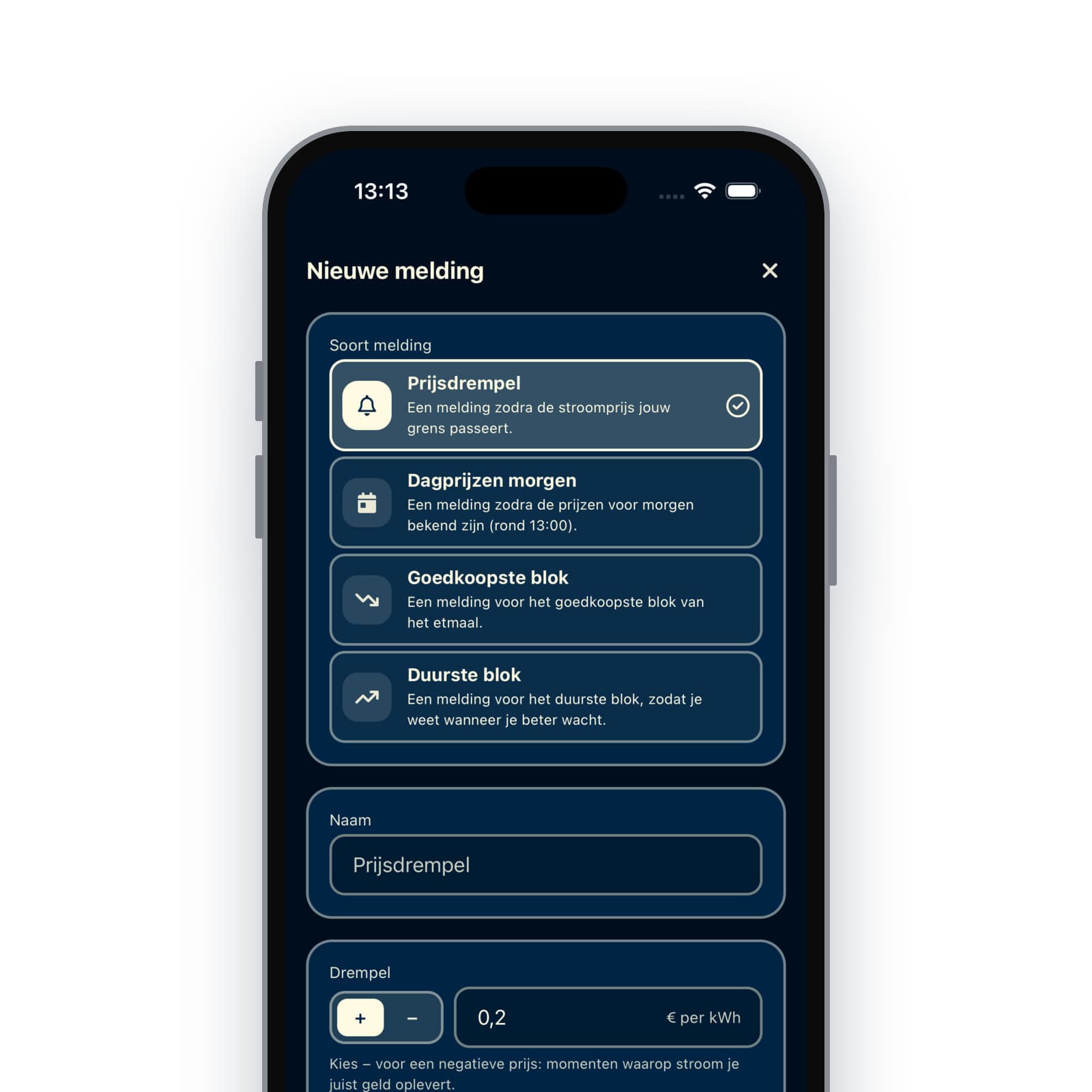 Nieuwe melding instellen: prijsdrempel, dagprijzen morgen, goedkoopste of duurste blok