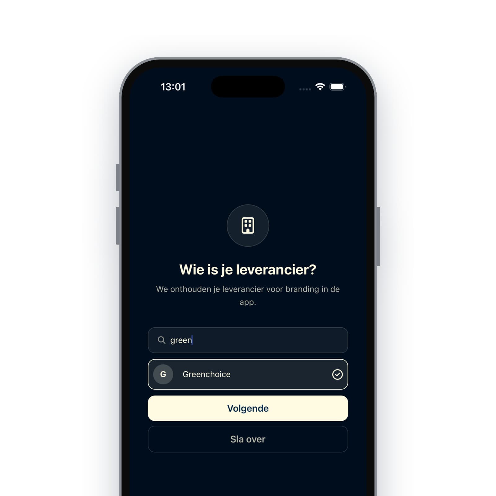 Onboarding van de Jeroen.nl app: leverancier kiezen