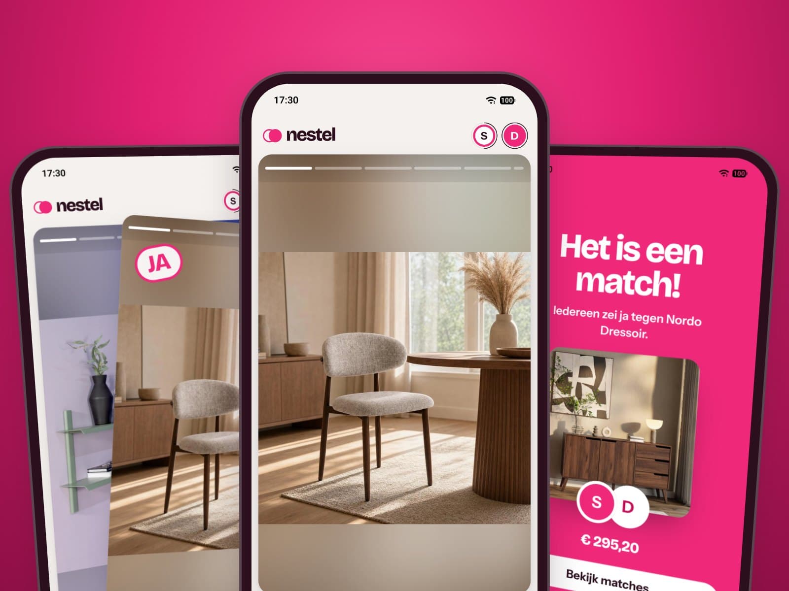 Drie telefoons met de Nestel-app: een ja-swipe, de dagelijkse reeks en een match