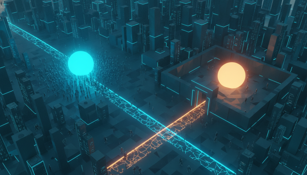 Twee routes naar dezelfde AI: een publiek plein en een eigen ommuurde omgeving, als beeld voor ChatGPT via een abonnement of via je eigen Azure-tenant.