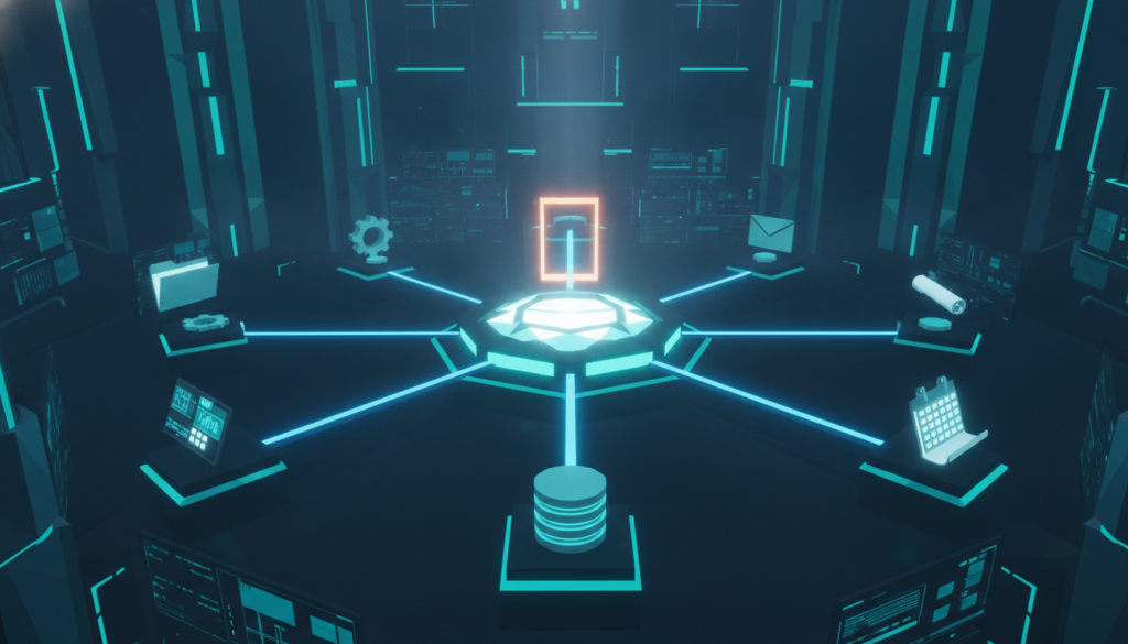 Een centrale hub die via een poortje met verschillende systemen verbonden is, als beeld voor MCP als gecontroleerde koppeling tussen AI en software.